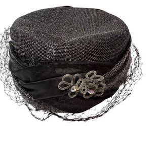 Black‎ Sparkle Net Veil Pillbox Hat Eva Mae Mode Women's Flower Accent